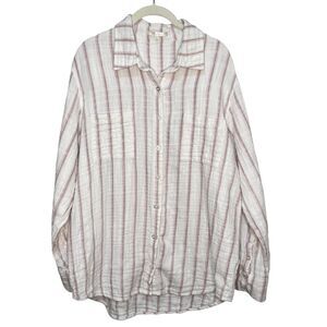Z Supply Saturday Shirt Large White Pink Gauze Stripe Button Cotton Long Sleeve